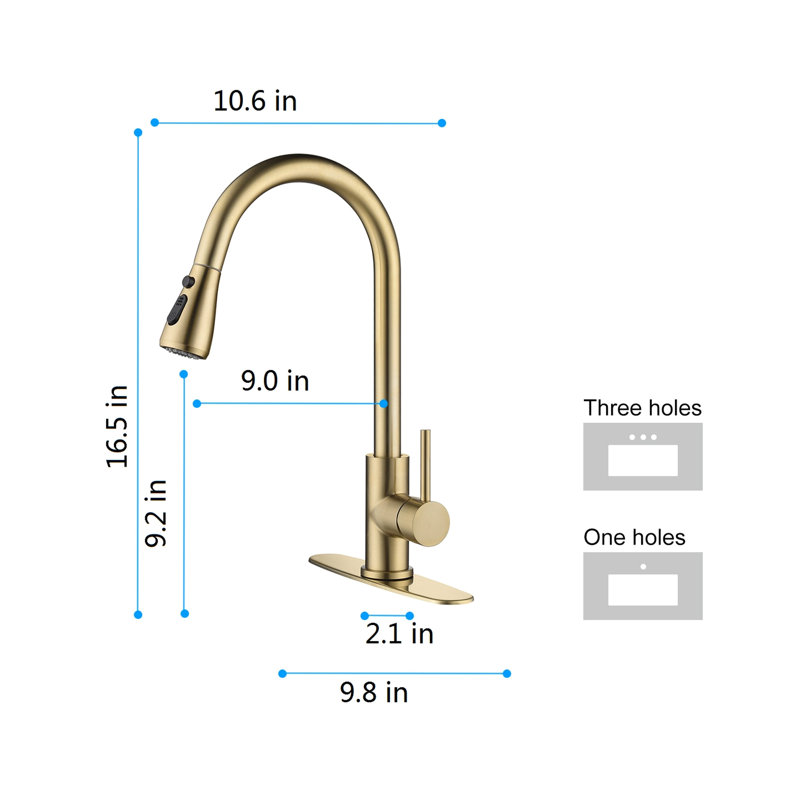 Robinet de lavabo de cuisine à levier unique en or brossé avec douchette rétractable, convenant à divers types, buse à grande arche rotative à 360 °, surface de saleté, aérateurs pour les éclaboussures et poignée d'eau douce en acier inoxydable