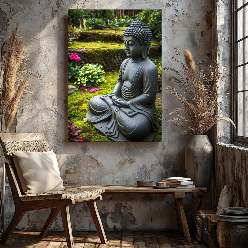 Toile, statue de Bouddha sereine posée dans une pose méditative sur un mur, galets noirs lisses entourés de mousse verte vibrante et art mural sur toile colorée