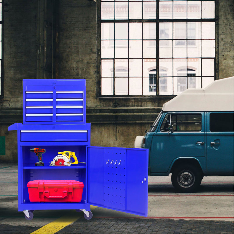 Coffre à outils roulant, boîte à outils à 5 tiroirs avec roues verrouillables, tiroirs coulissants, plateau amovible et tablette réglable, armoire de rangement pour atelier de garage