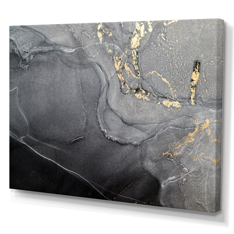 Gloden - Marbre noir et gris, ondulations V - œuvre d'art moderne sur toile, H 16 po x l 32 po, Toile tendue