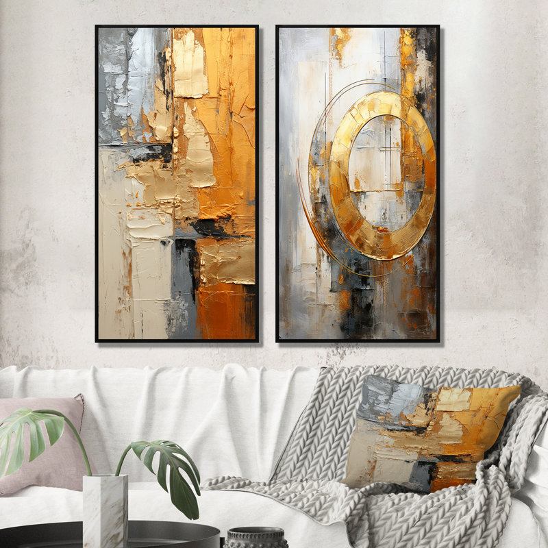«Gold Grey Gleaming Geometrie», 2 pièces, H 20 po x l 24 po, Cadre noir