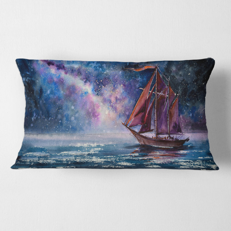 Rectangle, voilier en bois avec voiles rouges et ciel nocturne lumineux - Coussin décoratif imprimé nautique et côtier
