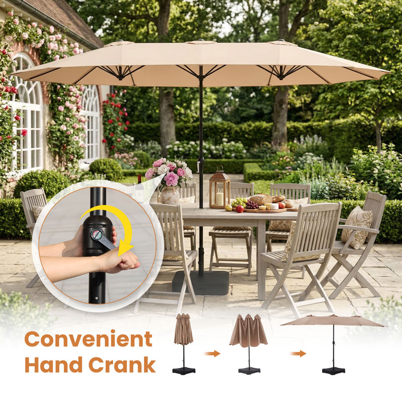 6-Person Rectangular Patio Dining Set With Umbrella & Textilene Stackable Chairs, Gray/Beige
