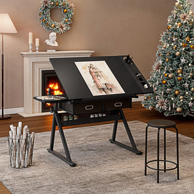 Adjustable Drawing Drafting Table Desk With 2 Drawers And Stool