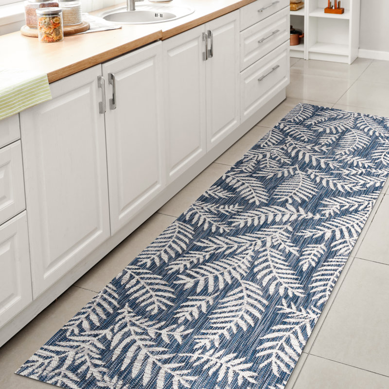 Mechling Nevis Palm Frond Navy/Ivory Indoor/Outdoor Rug, Runner 2'2" x 10'
