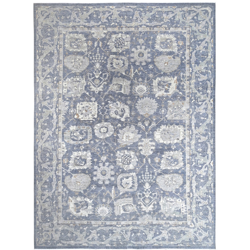 Tapis bleu et gris noué à la main de haute qualité