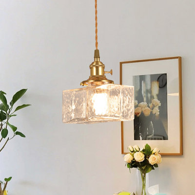 Mid-century Vintage Square Hammered Glass Pendant with Textured Shade