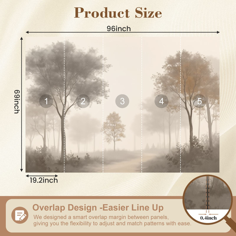 Papier peint auto-adhésif Misty Forest Landscape Tall Trees, L 96 po x l 69 po