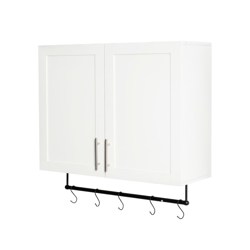 White Over Toilet Bathroom Wall Cabinet - Adjustable Shelf, Towel Bar, 5 Hooks, 15mm Particle Board 3mm , 30.64*11.6*30.01in Cabinet, White, Board, Bathroom, Kitchen, Decor