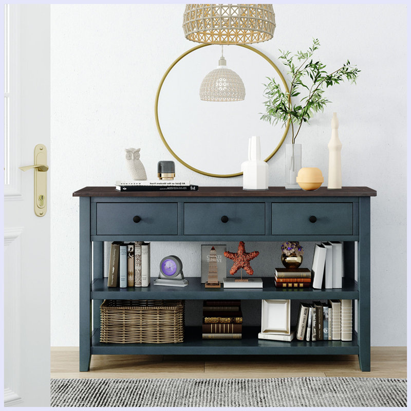 Console rétro avec deux tablettes ouvertes, Espresso, Marine