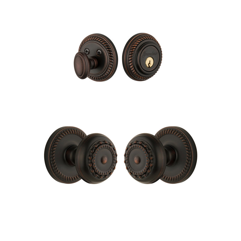 Ensemble d'entrée complet Newette Rosette avec pêne dormant cylindrique simple et bouton Parthénon, Bronze intemporel