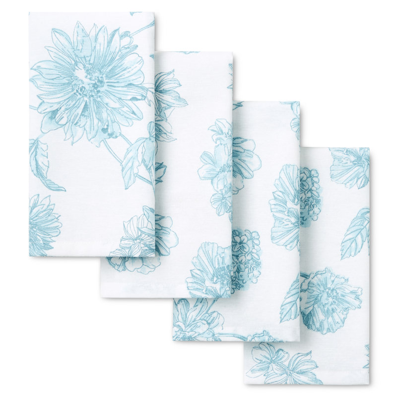 FIESTA Botanical Floral Placemats 4-Pack Set, White/Blue, 19" W x 10" L