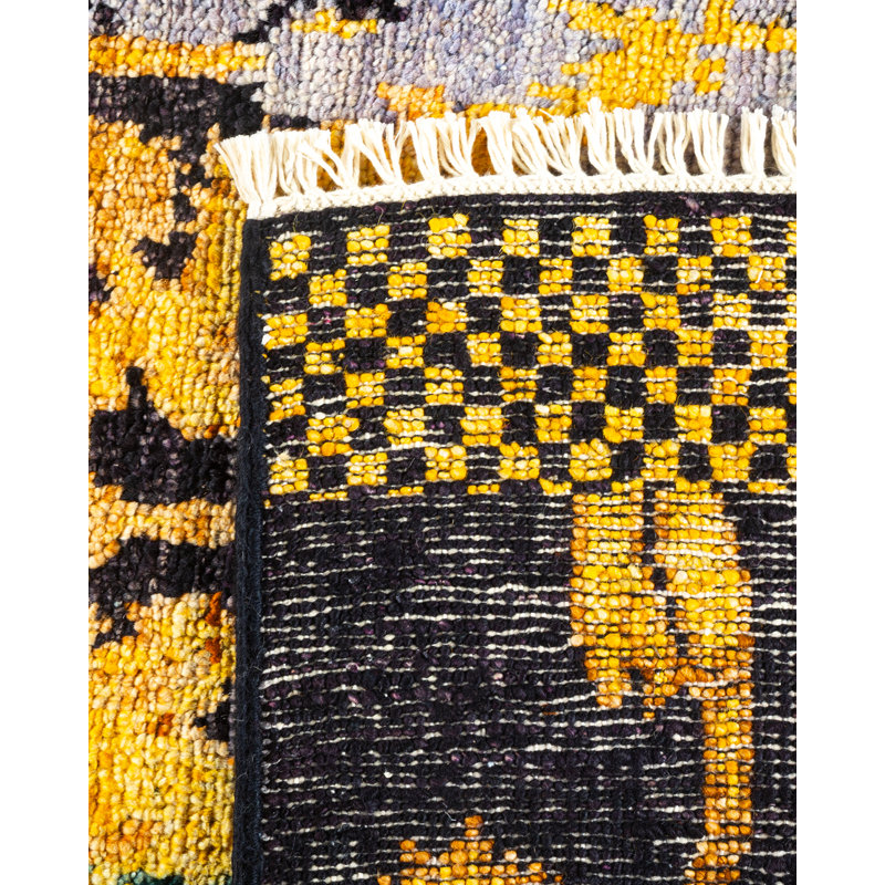 Tapis noir / jaune / vert moderne unique en son genre noué à la main 5 pi 10 po x 9 pi 2 po