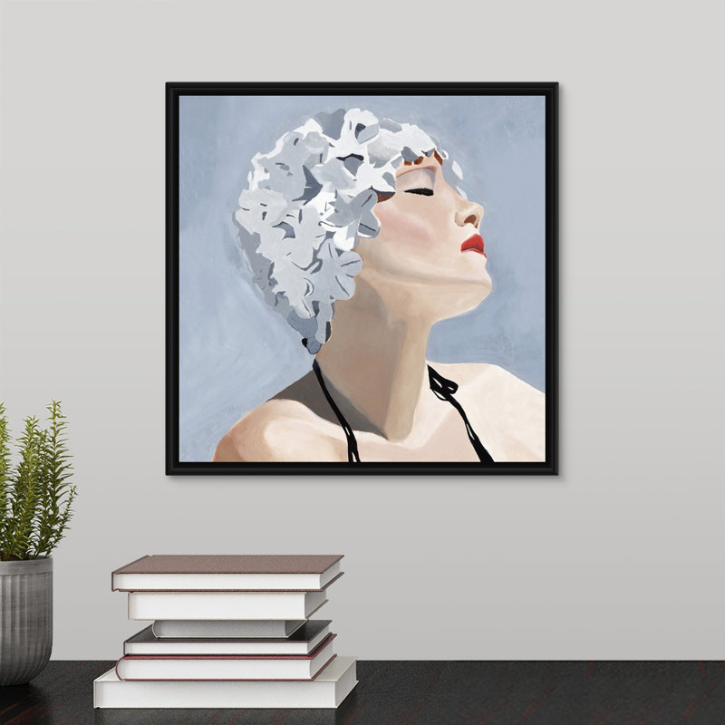 « nage cap ii », peinture sur toile, H 13,7 po x l 13,7 po x p 1,75 po, Cadre flottant noir