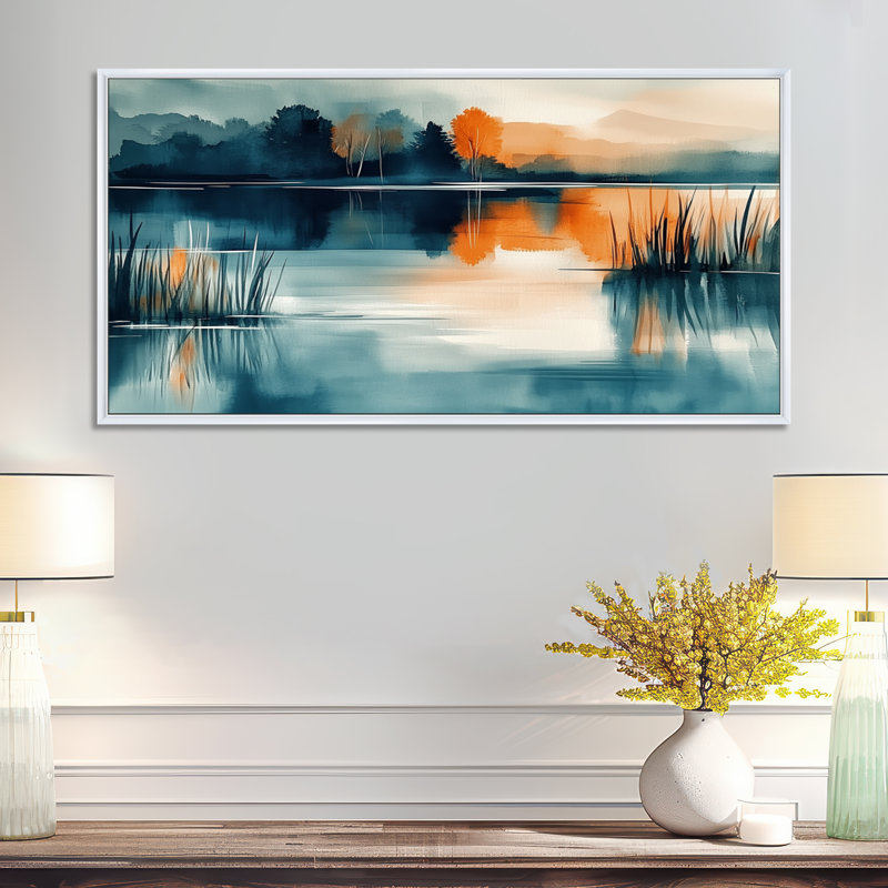 «Blue Orange Sunset Lake Simplicity - Blue Serene Wall Decor, Nature», impressions encadrées, H 20 po x l 40 po