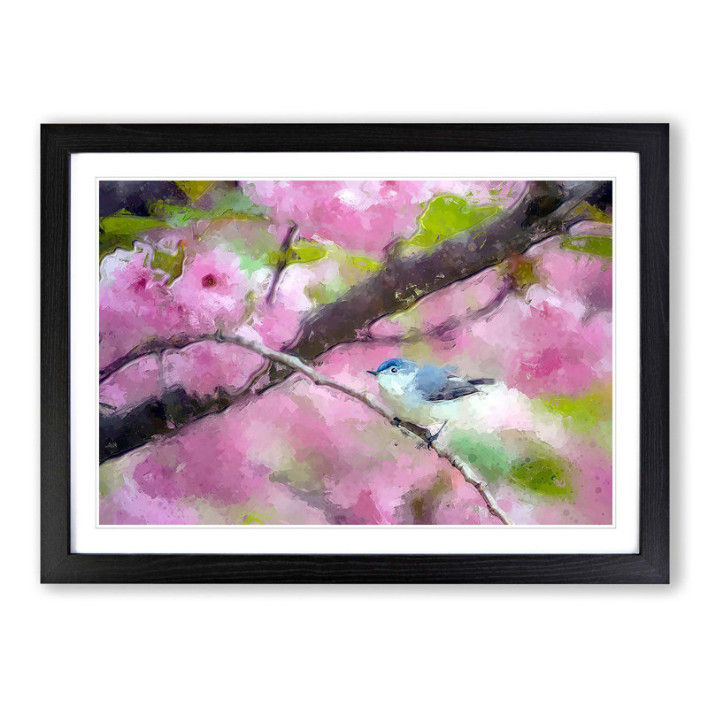 Bird in the Cherry Blossom Tree in Abstract - Picture Frame Graphic Art Print, Black Framed, 62cm H x 87cm W x 2cm D