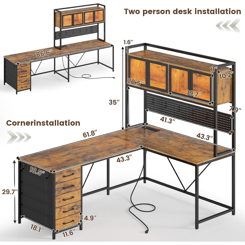 Roarke L-Shaped Computer Desk with Power Outlet, Brown/Black