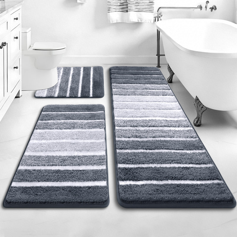 Absorbent Non-Slip Striped Bath Mat Bathroom Rug (Set Of 3), Gray