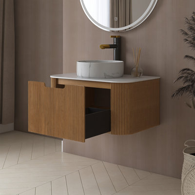 30" Wall Mounted Floating Curved Edges Striped Storage Cabinet Bathroom Vanity With Sink
