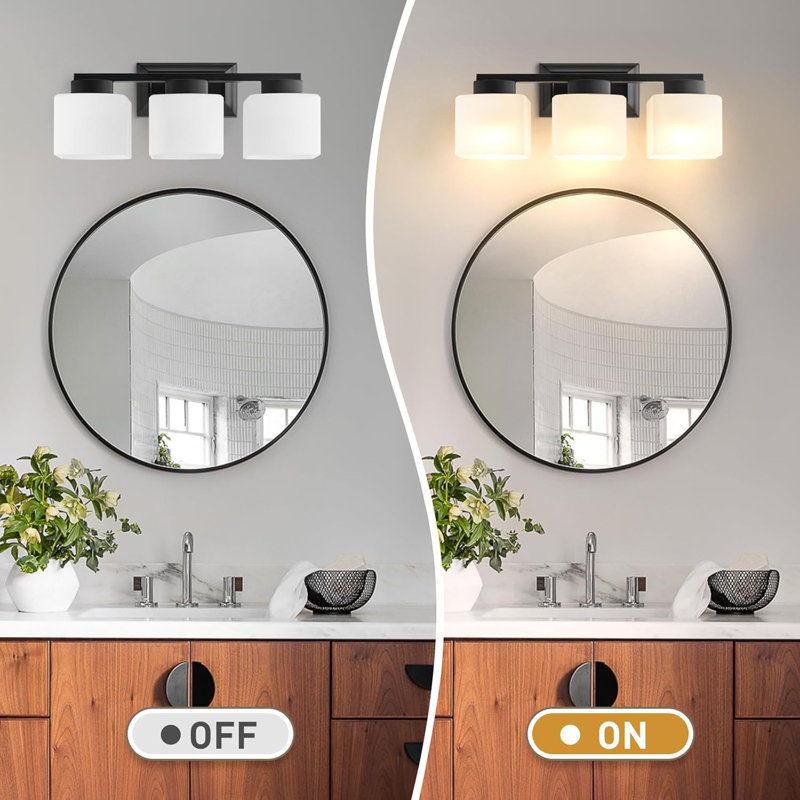 Luminaire de salle de bain 3 lumières noir avec abat-jour en verre givré