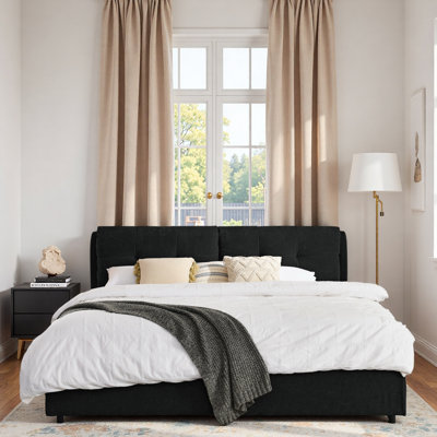 Chenille Platform Bed With Hydraulic Storage System And Upholstered Headboard