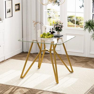 Table de salle à manger de 35,4 pouces carrée en verre trempé doré pour la chambre ou le bureau, avec des pieds en métal modernes, un salon approprié, facile à nettoyer et imperméable