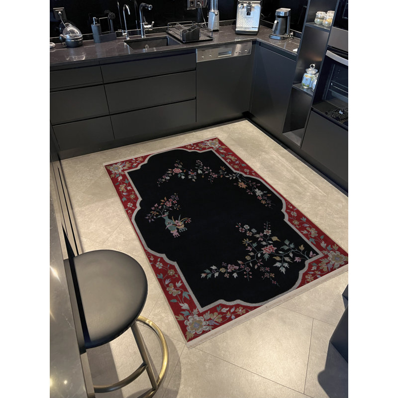 Tapis décoratif rétro à motif floral noir et rouge, Rectangle 4 pi 11,06 po x 7 pi 6,55 po