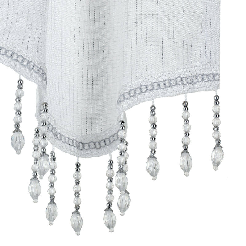 Kate Aurora 1 Piece Moroccan Sparkle Rod Pocket Semi Sheer Voile Beaded Trim Window Valance, White