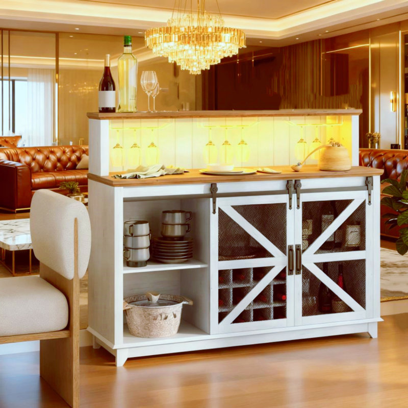 LED Wine Cabinet, Coffee Bar Cabinet, Farmhouse Wine Cabinet, Suitable For Kitchens And Dining Rooms, White