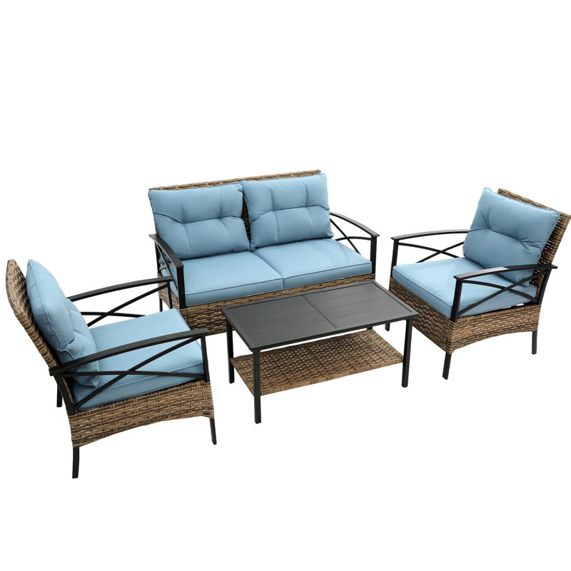 Mobilier d'extérieur bleu pour patio - Ensemble de salle à manger modulaire 4 pièces avec coussins et table, Bleu