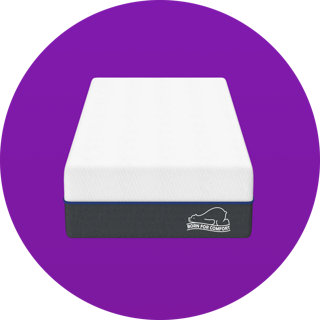 White memory foam mattress with a dark grey base and Born for Comfort logo on a purple circular background.