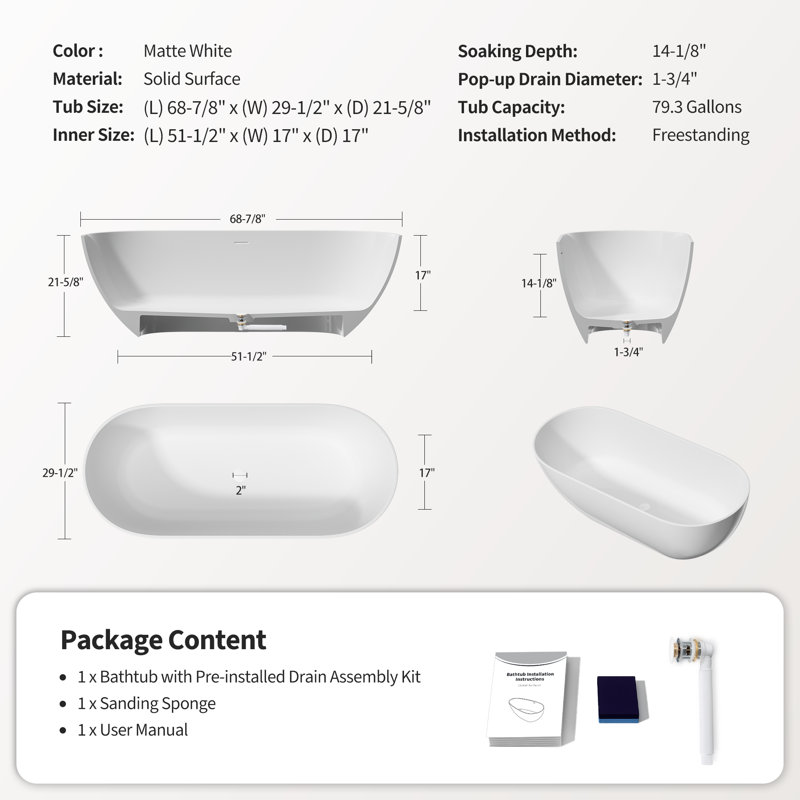69 in. x 29.5 in. Freestanding Stone Solid Surface Soaking Tub with Overflow and Pop-Up Drain, Matte White