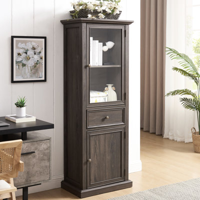 Cabinet With Glass Door For Kitchen Storage - Brown Vintage-Style Drawer And Shelves Organized