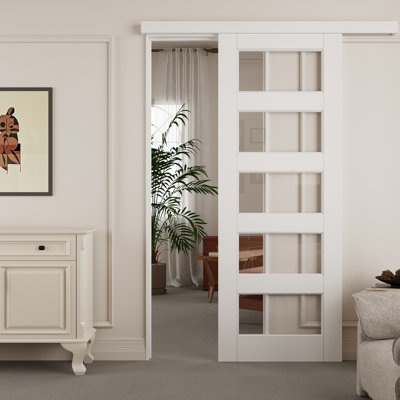 Ready-To-Install White Primed 5-Lite Clear Glass Barn Door With Hidden Track Installation Hardware Kit
