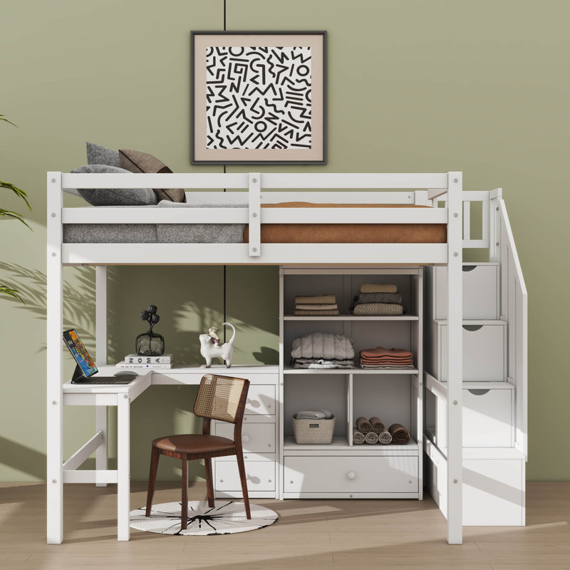 Lit mezzanine double avec bureau intégré, escalier élégant, armoire de rangement spacieuse et bibliothèque élégante, Blanc