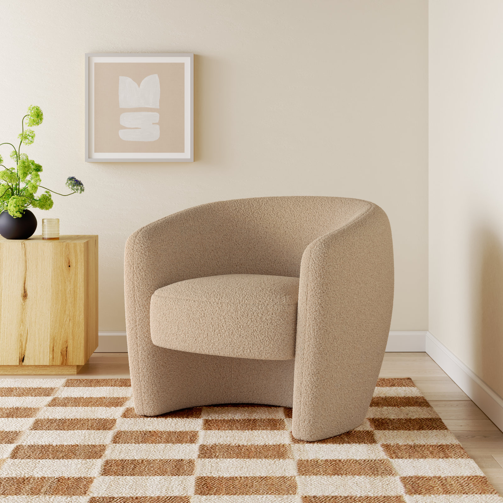 Solace Upholstered Barrel Chair, Light Brown Sherpa