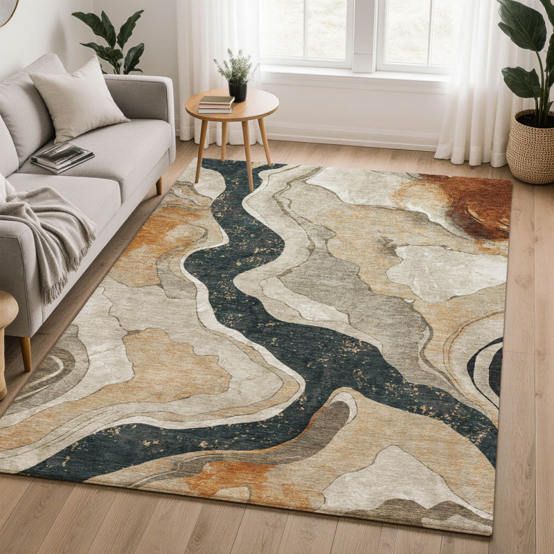 Tapis abstrait lavable à la machine de qualité supérieure Mayfield AMF2219, Mastic, 10 pi x 14 pi