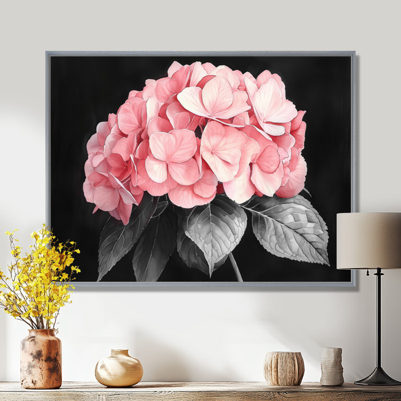 Hortensias avec une douce floraison de roses I - impressions sur toile d'hortensias, 30" H x 40" W, Picture Frame Print