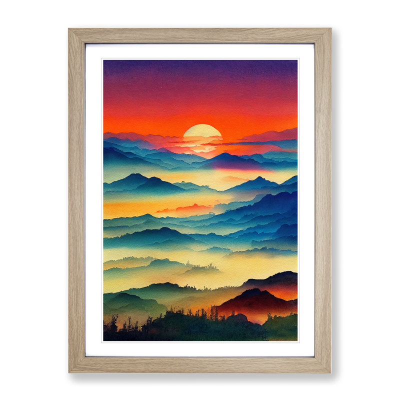 XV1022-4312X Sunset Mountain No.2 - Single Picture Frame Print, 64cm H x 46cm W, Oak Framed