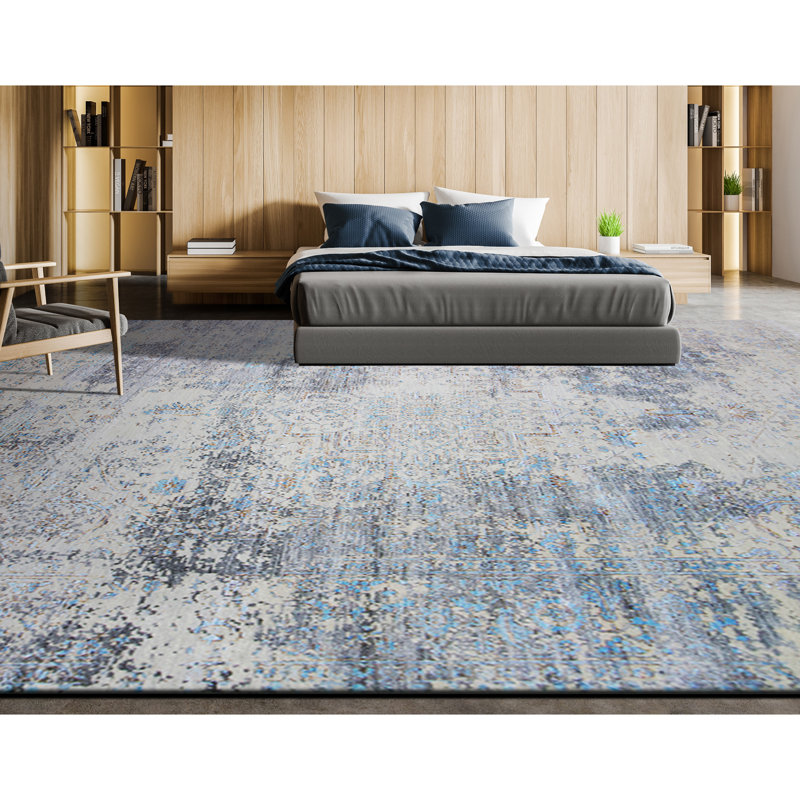 Tapis argent / turquoise / ivoire noué à la main de haute qualité, Rectangle 8 pi x 10 pi
