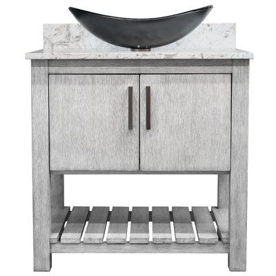 Meuble-lavabo de 30 po avec comptoir en quartz moka et lavabo, quincaillerie bronze huilé