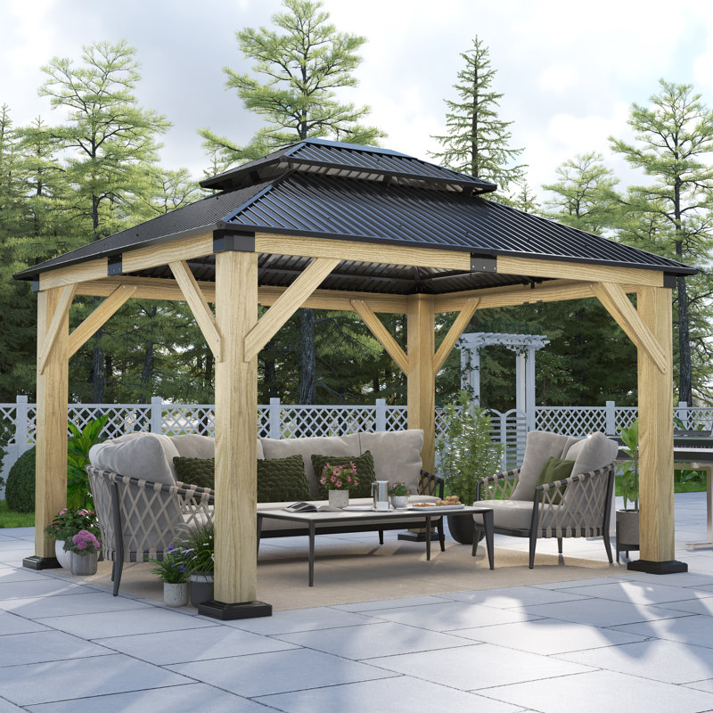 12 ft. W x 10 ft. D Outdoor Cedar Wooden Gazebo with Galvanized Steel Hardtop Double Roof, 9.35' H x 12' W x 10' D
