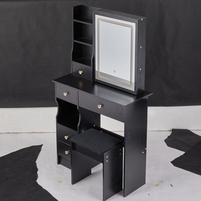 Petit meuble-lavabo de 29,2 po avec tabouret de bureau et tabouret rembourré à gauche 29,5 po, grande commande tactile, interrupteur tricolore, miroir à luminosité réglable, rangement à grande capacité, convient aux petits espaces
