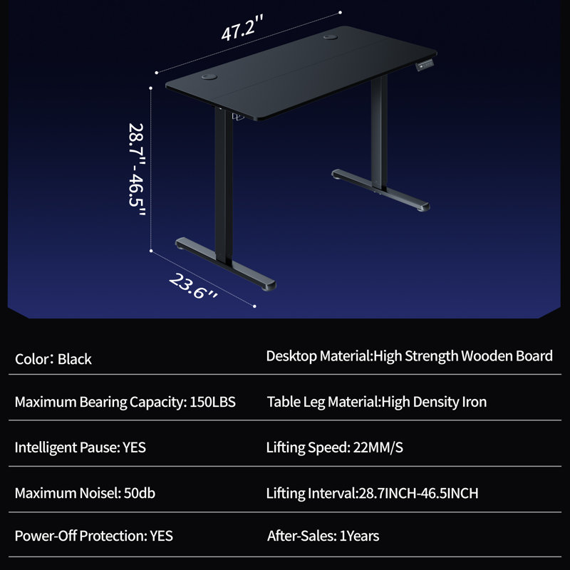 Bureau debout à hauteur réglable Leshae pour bureau à domicile, H 45,2 po x l 48 po x P 24 po, Noir