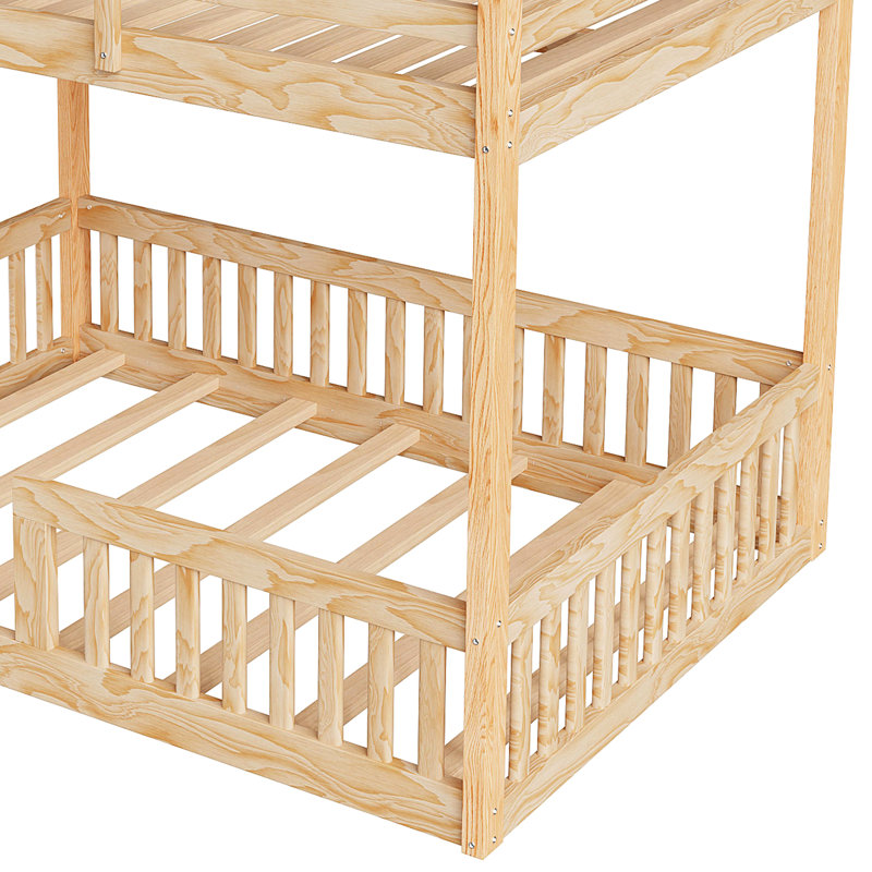 Lit superposé double en bois naturel avec garde-corps - Structure solide en pin, solution d'espace, haute compatibilité, aucun sommier requis