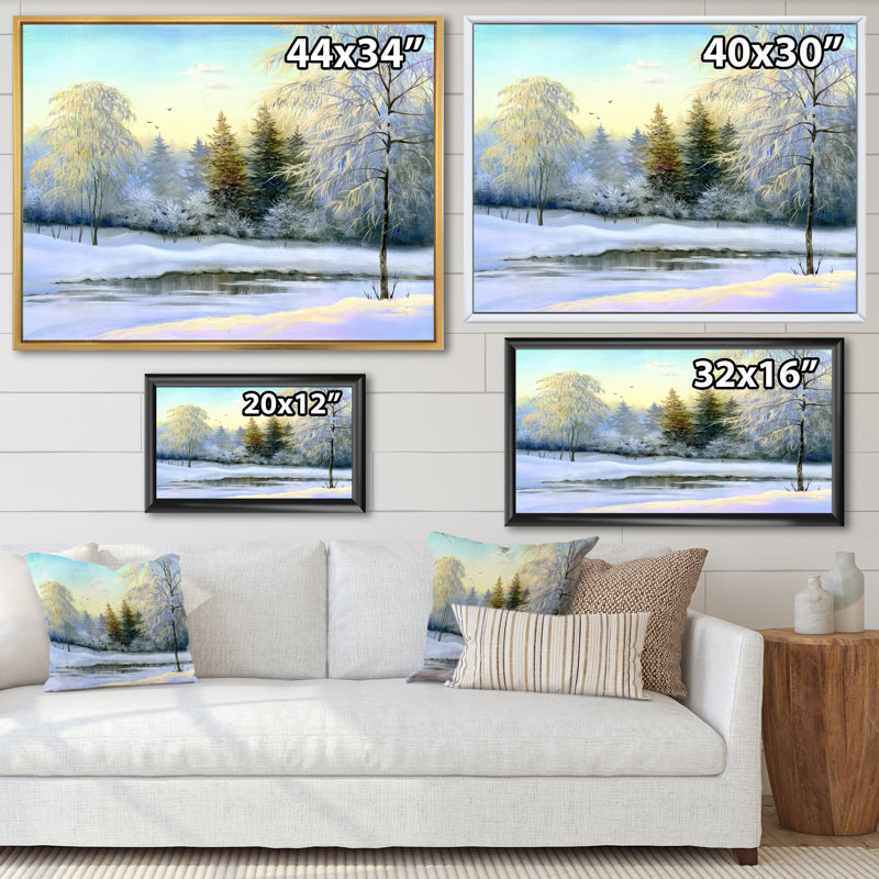 «Beautiful Winter River Landscape Pendant Sunset», peinture sur toile, H 30 po x l 40 po, Cadre flottant noir