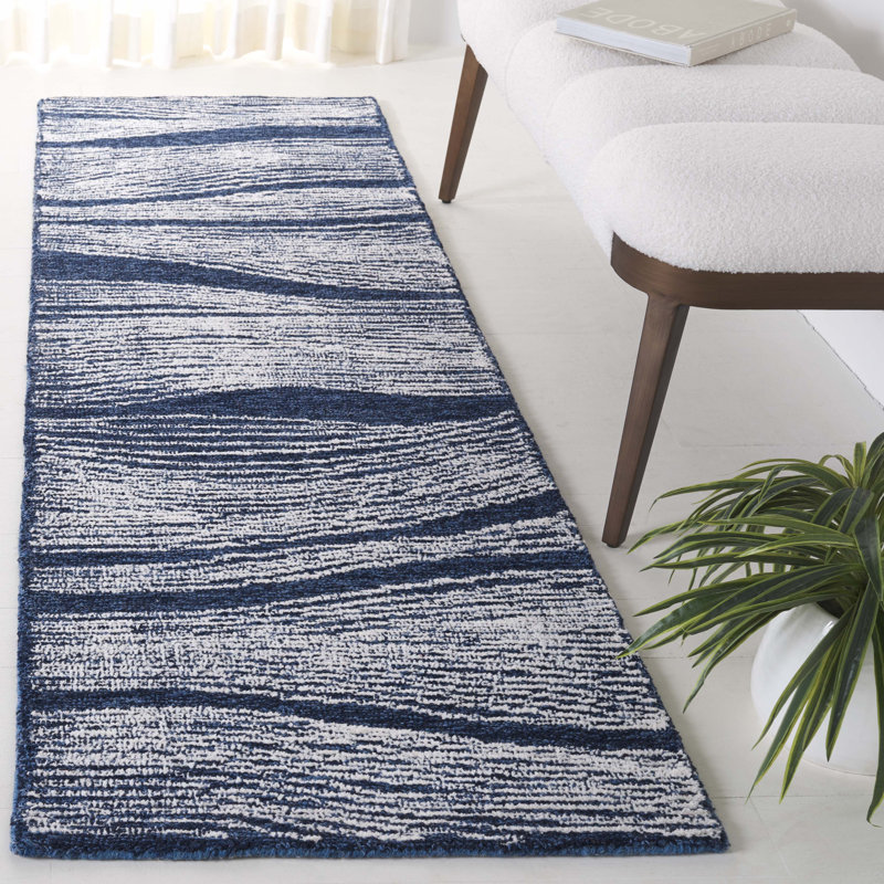 Tapis bleu marine / ivoire en laine touffeté à la main Mahli, Tapis de couloir 2 pi 3 po x 8 pi