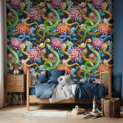 Snake Jungle Wallpaper Colorful Reptile Peel And Stick Tropical Floral Wall Mural