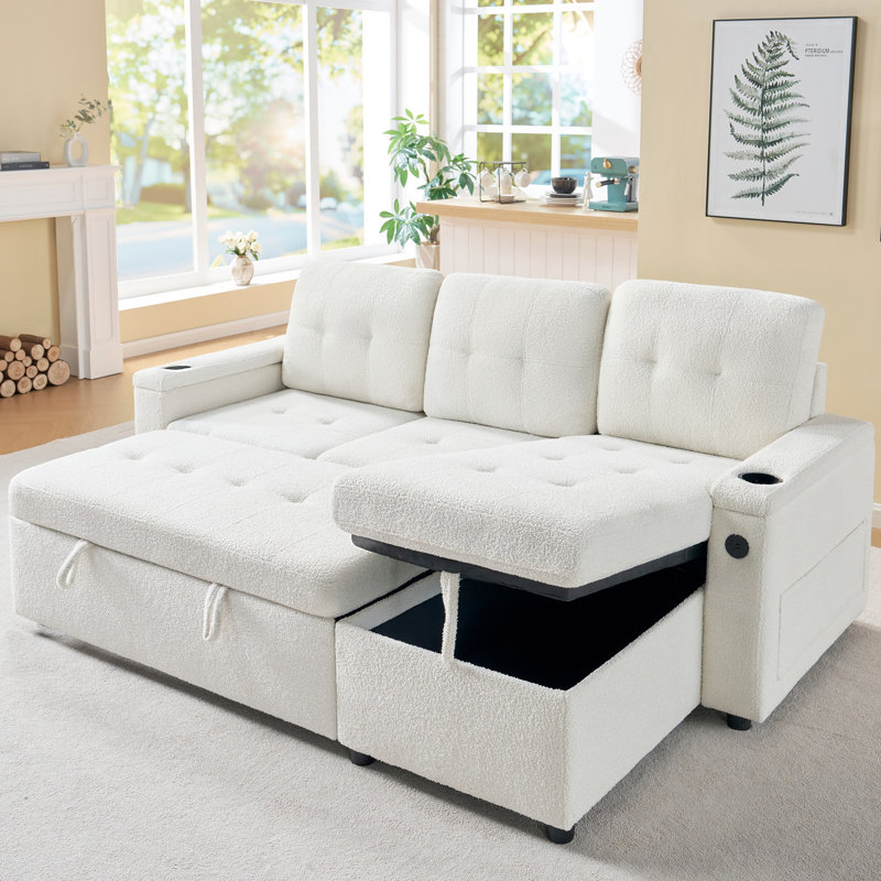 84" L-shaped Pull-out Sleeper Sofa With Storage Chaise, USB Charging Ports & Cup Holders,boucle White