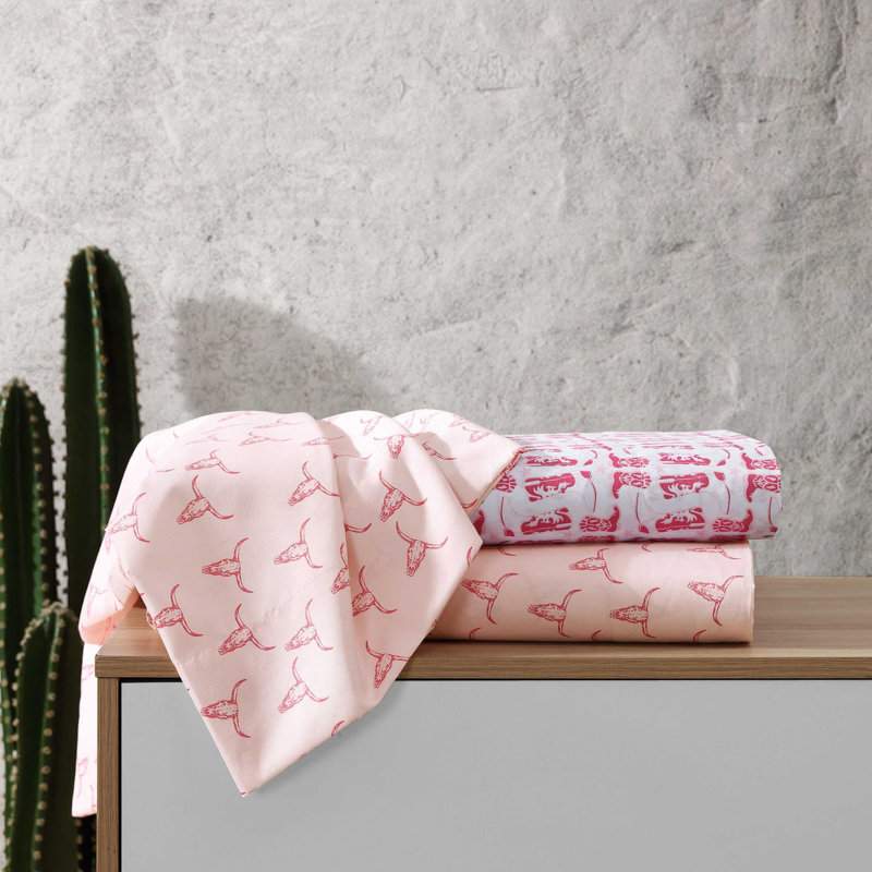 Wrangler Printed Cozy Novelty Sheet Sets, Steer Skulls Pink, Twin XL Sheet Set with 1 Pillowcase